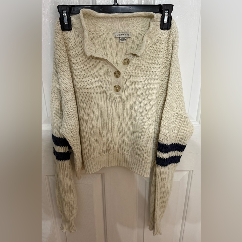 American Eagle Outfitters Cream Sweater with Navy Accents